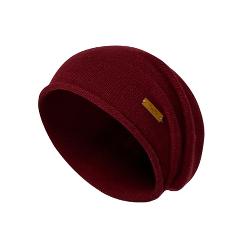 100% Merino Wool Slouchy Beanie Hat, Women Warm Winter Caps Soft, Ladies Breathable & Cozy Stretchy Knitted Skull Cap - color: Deep Red