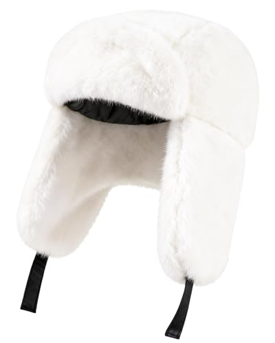 Trapper Hat with Ear Flaps - Winter Russian-Style Fur Pilot Ushanka, Windproof Skiing for Men & Women - color: Off-white