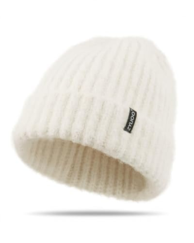 XXL Chunky Beanie for Big Heads Men Women,Loose Thick Knit Winter Hat - color: Beige-white