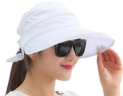 Womens Large Brim Sun Hat Uv Protection 2 in 1 Zip-Off Sun Protection Visor Beach Hat Packbale Foldable - color: White