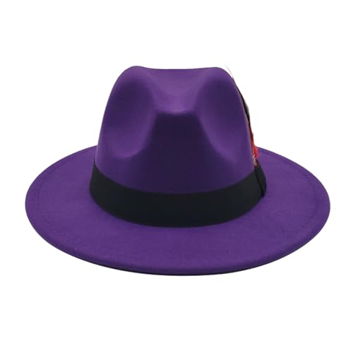 Mens Fedora Hats Classic Wide Brim Fedora Hat for Women Men Dress Hats Panama Hat with Band - color: Purple