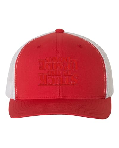 Go All Out Stuck in The Upside Down Dad Deluxe Trucker Flatbill Baseball Structured Embroidered Hat - color: Red/ White