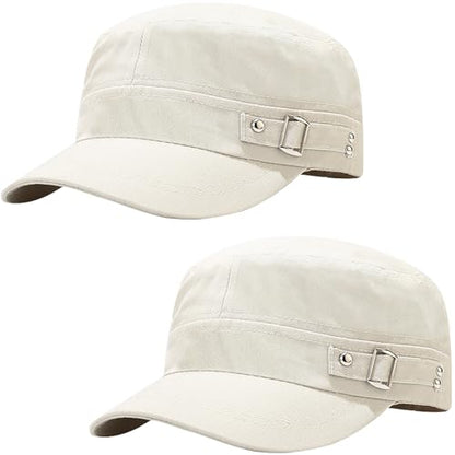 2 Pack Cadet Army Caps Flat Top Military Hats for Men Women - color: Beige With Buckle