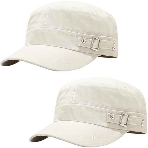 2 Pack Cadet Army Caps Flat Top Military Hats for Men Women - color: Beige With Buckle
