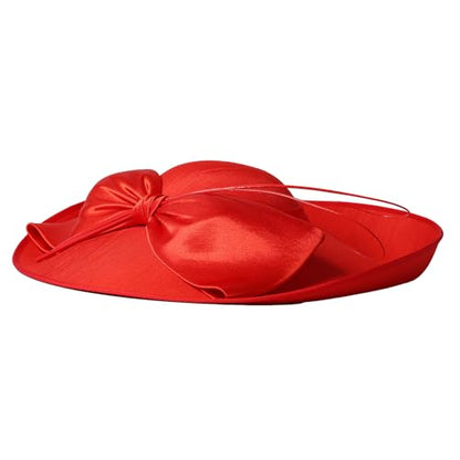 Big Wide Brim Fascinator Hats for Women Ladies Kentucky Tea Party Dress Flat Top Fedoras Hat with Bow Feather - color: Red 1