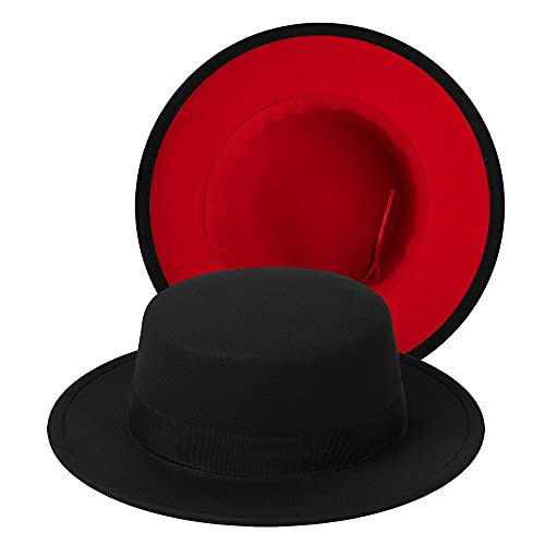 Classic Fedora Hat Two Tone Flat Top Hat with Band Wide Brim Pork Pie Hat Adjustable Patchwork Colors Panama Hat - color: Black-red|black Band