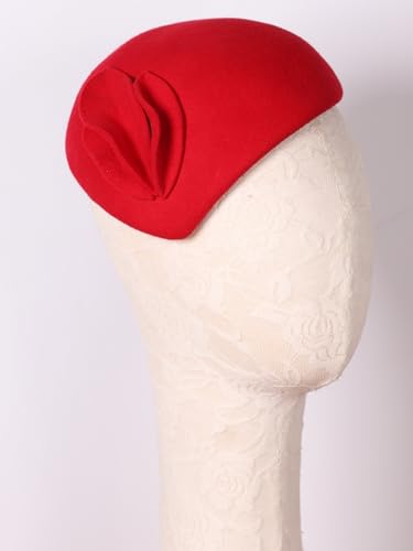 HIMESPORT Wool Felt Fascinator Hats for Women Ladies Female Wedding Cocktail Tea Party Dress Pillbox Hat - color: Red 2