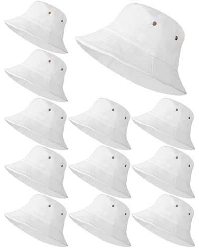 Sureio Washed Cotton Bucket Hats Bulk for Women Men Wide Brim Summer Cap Unisex Beach Fishing Hat for Adult Outdoor, Plain - color: White, size: Small-Medium
