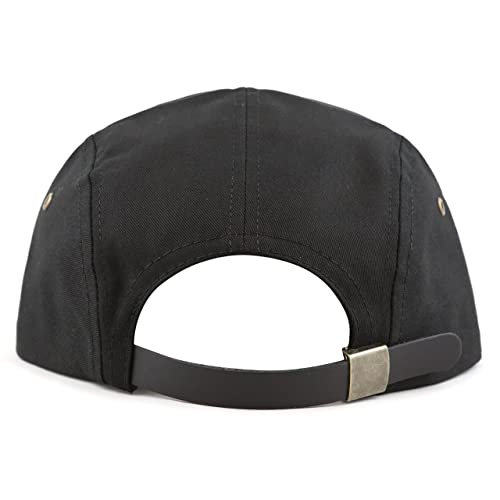 The Hat Depot Made in USA Cotton Twill 5 Panel Flat Brim Genuine Leather Brass Biker Board Cap - color: Black