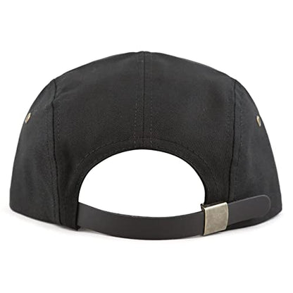 The Hat Depot Made in USA Cotton Twill 5 Panel Flat Brim Genuine Leather Brass Biker Board Cap - color: Black