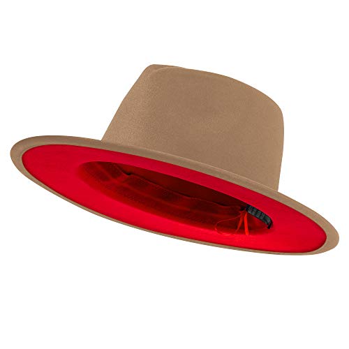 jingsha Fedora Hats for Men & Women Wide Brim Fedora Felt Panama Hat Men's Dress Hats with Belt Buckle - color: Camel-red(inside), size: Medium