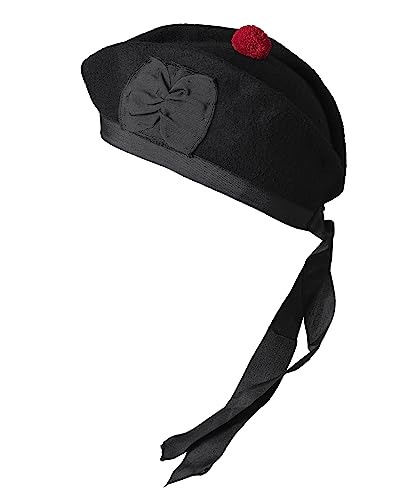 Glengarry Cap-Traditional Scottish Hat,100% Wool, Acrylic Wool Tartan,Kilts/Bagpipes Accessories,Polyester Cotton Ribbon - color: Plain Black Wool, size: 7 5/8