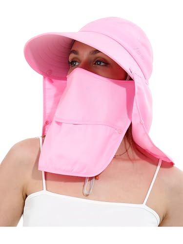 LA CARRIE Women Sun Hats Detachable Wide Brim UV UPF 50+ Face Mask Visor with Neck Flap Hat for Summer Beach - color: Pink