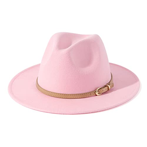 Lisianthus Women Classic Felt Fedora Wide Brim Hat with Belt Buckle - color: Pink