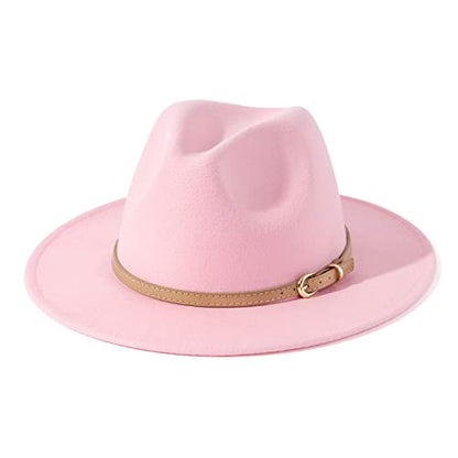 Lisianthus Women Classic Felt Fedora Wide Brim Hat with Belt Buckle - color: Pink