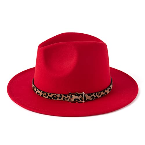 Women's Wide Brim Felt Fedora Panama Hat with Leopard - color: Red