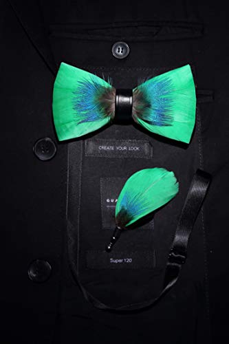 RBOCOTT Handmade Feather Pre-tied Bow tie and Brooch Sets for Men - color: Green