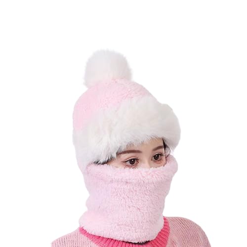 One-Piece Hat Womens Winter Warm Elastic Soft Ear Protection Knitted Scarf Mask Hat Fleece Lined Beanie Hat - color: H-pink