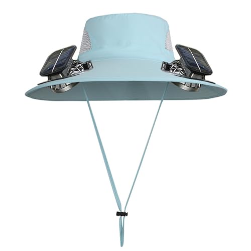 Men Women Wide Brim Sun Hats with 2 Solar Fan Waterproof Breathable Bucket Hat Outdoor Fishing Hat for Hiking Camping - color: Solid Light Blue