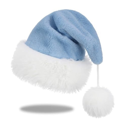 Personalized Santa Hat for Adults, Super Soft Plush Holiday Christmas Hat, Xmas New Year Party Headwear - color: Plush-light Blue