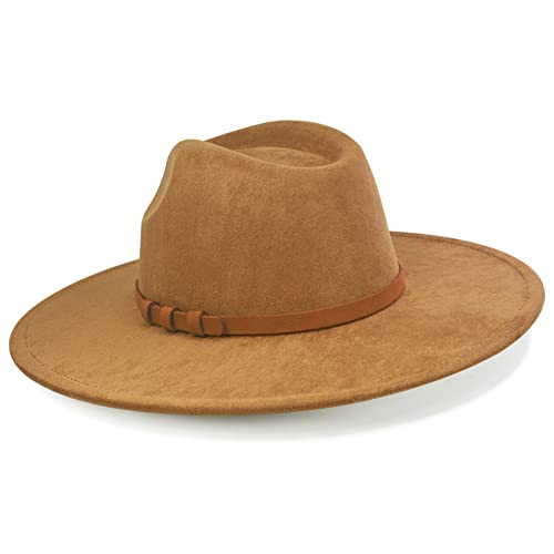 FLUFFY SENSE. Big Wide Brim Fedora Hat for Women - Nashville Outfits Western Hats Women's Felt Panama Rancher Hat - color: Caramel
