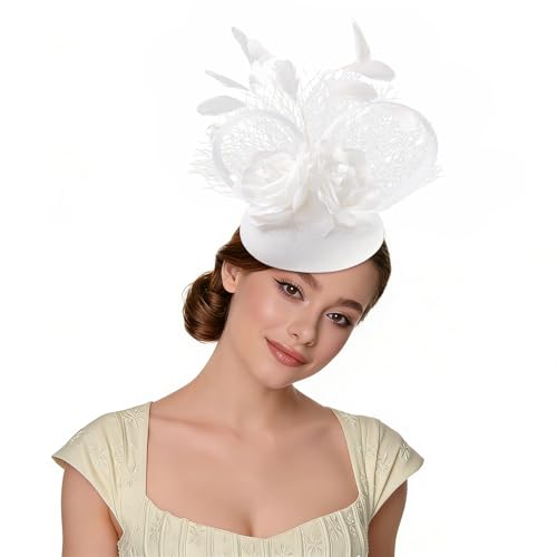Fascinators Hat for Women Tea Party Headband Wedding Cocktail Flower Mesh Feathers Hair Clip(White) - color: White