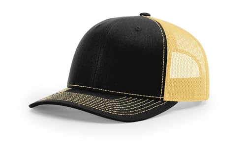 Richardson 112 Trucker Hat - Premium Blank Baseball Cap, Adjustable Snapback Hat - Structured Six Panel Richardson Blank Hats - color: Black/ Vegas Gold
