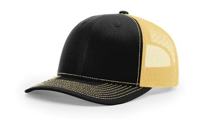 Richardson 112 Trucker Hat - Premium Blank Baseball Cap, Adjustable Snapback Hat - Structured Six Panel Richardson Blank Hats - color: Black/ Vegas Gold