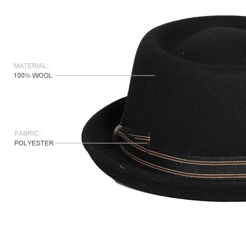 Wide Brim Pork Pie Hat 100% Wool Felt Hats Vintage Porkpie Derby Fedora - color: D Black, size: Medium