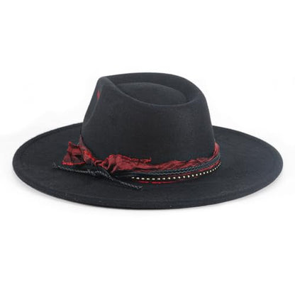 Big Brim Fedora Mens Women Boho Hat Handmade Dress Up Hats - color: Blackred