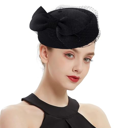 ORIDOOR Women's British Style Pillbox Church Derby Wedding Winter Vintage Fascinator Beret 100% Wool Felt Veil Hat - color: 04a-black