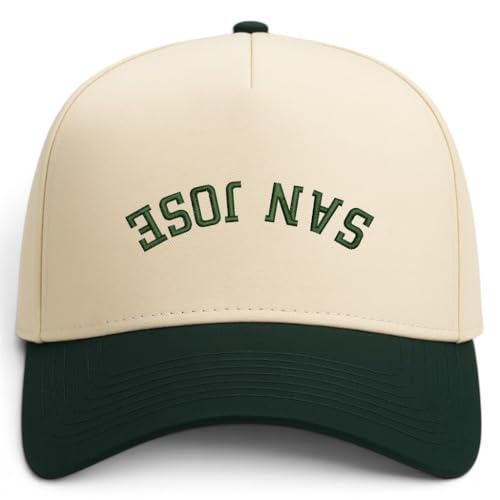 Trendy Apparel Shop San Jose Upside Down Embroidered 5 Panel Two Tone Vintage Ball Cap - color: Natural Dark Green