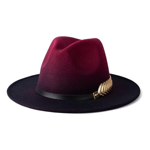Women Gradient Color Fedora Wide Brim Felt Hat - color: Burgundy/Black