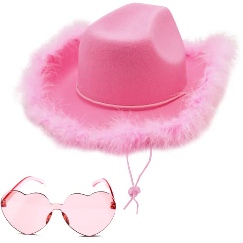 4E's Novelty Cowboy Hat with feathers With Heart Shaped Sunglasses for Women, Felt Cowgirl Hat for Party Costume Dress Up - color: Pink