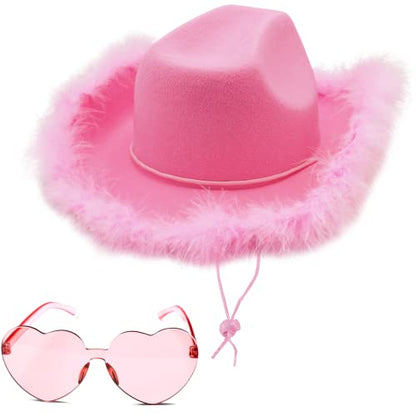 4E's Novelty Cowboy Hat with feathers With Heart Shaped Sunglasses for Women, Felt Cowgirl Hat for Party Costume Dress Up - color: Pink
