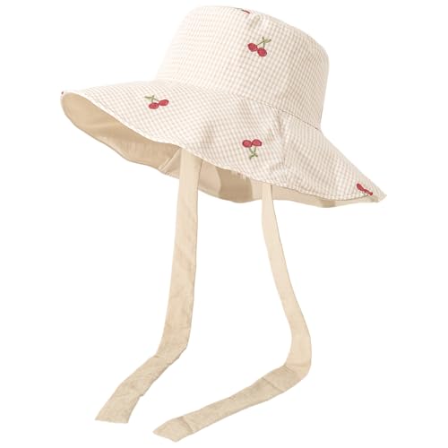 Women's Reversible Bucket Sun Hat with Cherries Embroidered Pattern, UPF 50+ UV Protection, Water Resistant for Beach Hiking - color: Light Khaki