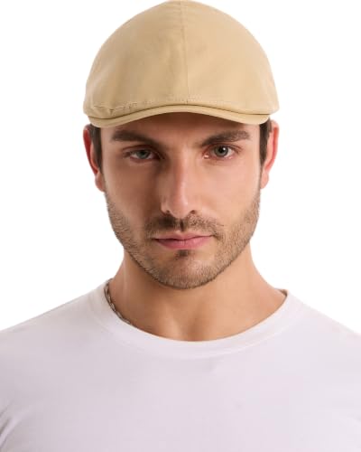 ZLYC Men Cotton Flat Cap Summer Scally Newsboy Beret Driver Hat - color: Solid Beige