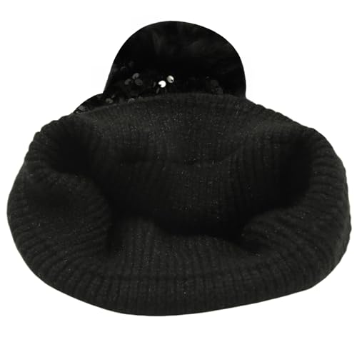 Women Sparkly Sequins Knitted Beanie Hat Warm Winter Skull Cap with Faux Fur Pom Pom - color: X Black With Knit Cuffs