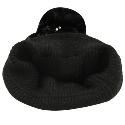 Women Sparkly Sequins Knitted Beanie Hat Warm Winter Skull Cap with Faux Fur Pom Pom - color: X Black With Knit Cuffs