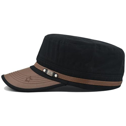 Cadet Army Cap for Men Women Military Adjustable Unisex Flat Top Hat - color: Black