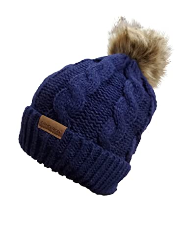 Novarena Thick Cable Knit Faux Fuzzy Fur Pom Fleece Lined Skull Cap Cuff Beanie - color: Navy Blue Pom Beanie