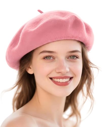 Wool French Beret Hats for Women Classic Winter Beanie Cap - color: Pink