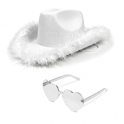 4E's Novelty Cowboy Hat with feathers With Heart Shaped Sunglasses for Women, Felt Cowgirl Hat for Party Costume Dress Up - color: White