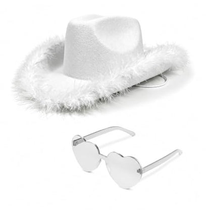 4E's Novelty Cowboy Hat with feathers With Heart Shaped Sunglasses for Women, Felt Cowgirl Hat for Party Costume Dress Up - color: White