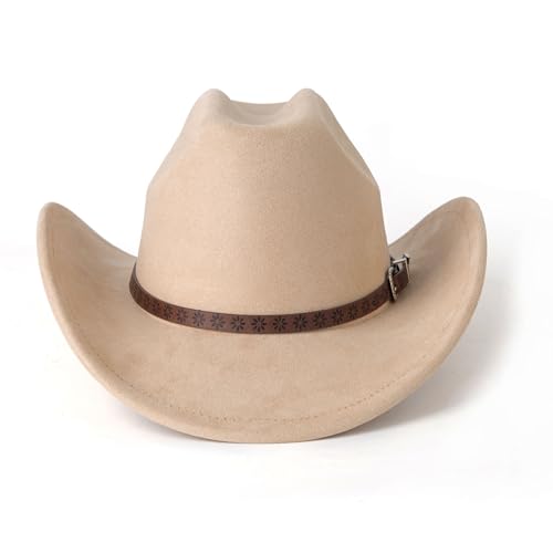 Western Cowboy Hat for Women Men Retro Suede Hat - color: Camel-small Flower Belt