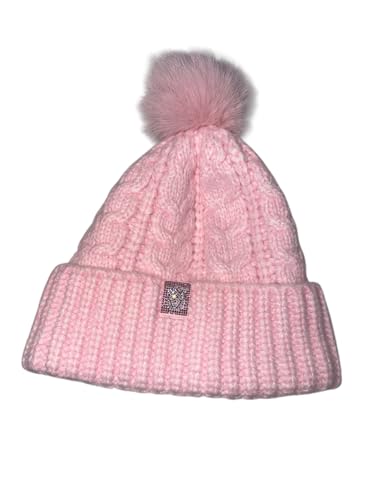 Victoria's Secret Cozy Cable-Knit Pom Beanie Shine Color Pink Rhinestone Logo New
