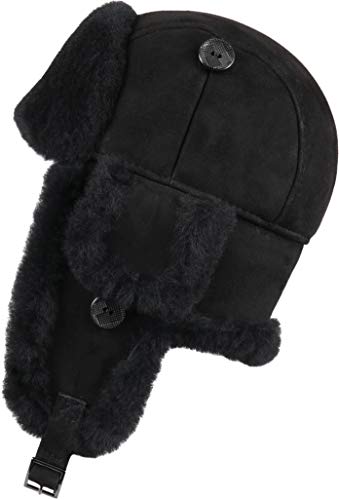 Winter Trapper Fur Hat for Women Men - Trooper Aviator Genuine Leather Shearling Sheepskin Ushanka Hat - color: Black Suede, size: XX-Large