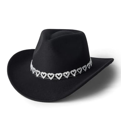 Western Cowboy Hat for Women Wide Brim Cowgirl Hats - color: Heart Black