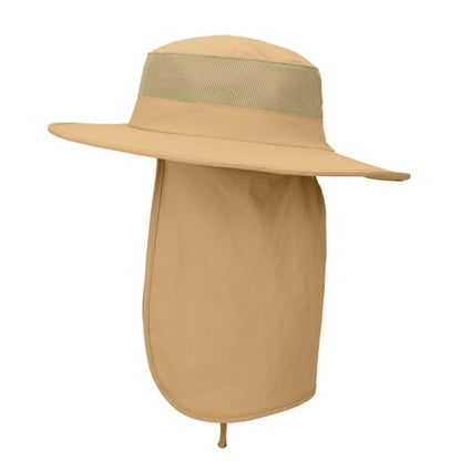 Outdoor Sun Hat UPF 50 Protection Waterproof Fishing hat Face Cover Summer Neck Flap Hat - color: Khaki Pro