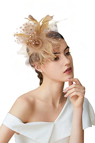 BABEYOND Fascinators Hats for Women Tea Party Flower Tulle Bead Derby Hat - color: Gold
